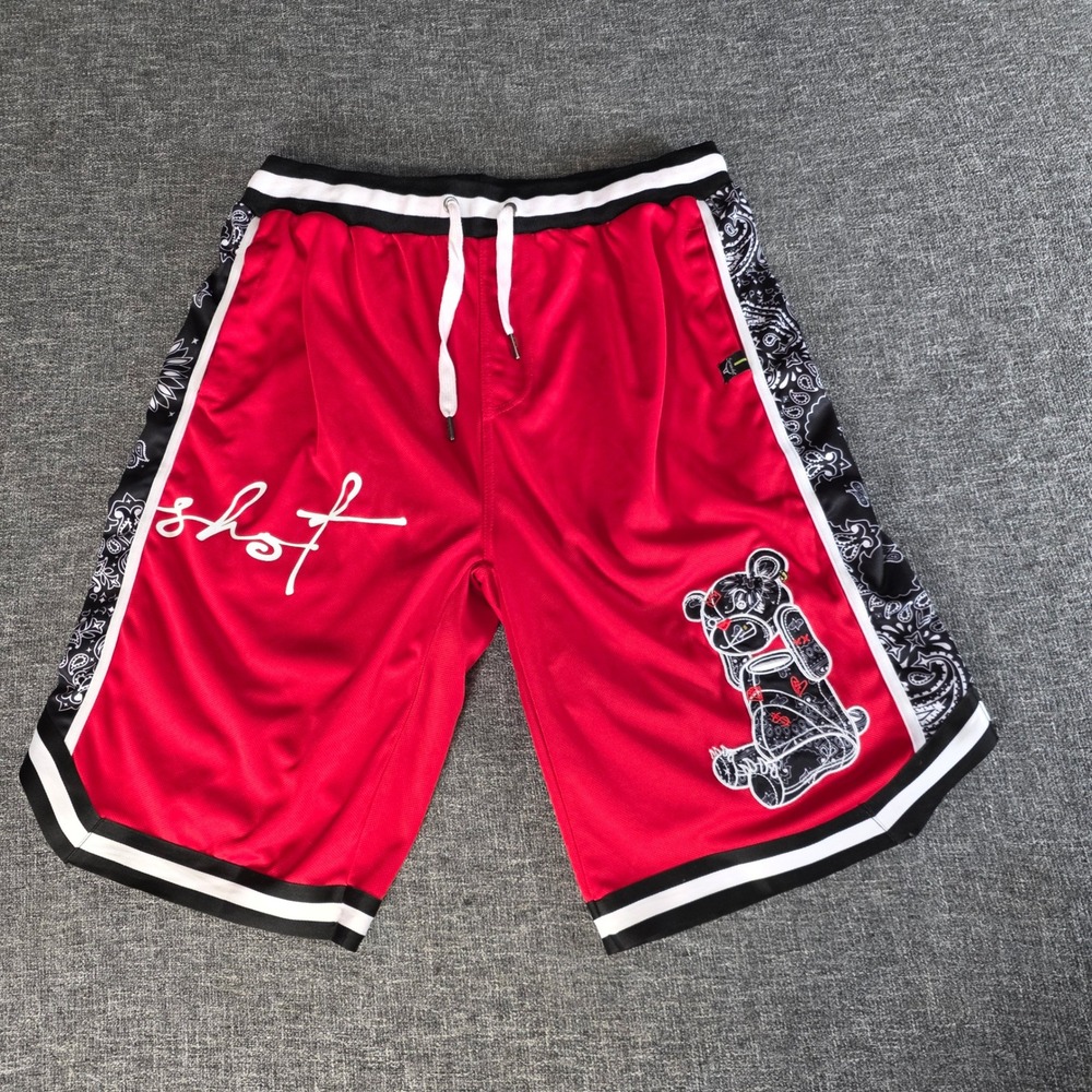 Screenshot Brand Mens XL Red Paisley Bear Mesh Basketball Shorts Streetwear